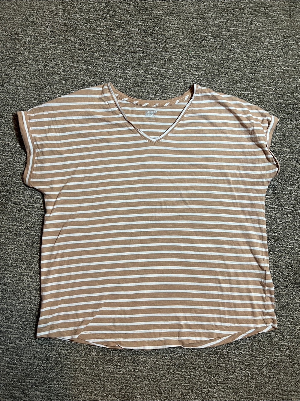Lands' End Tan & White Striped V-Neck Short Sleeve Tee